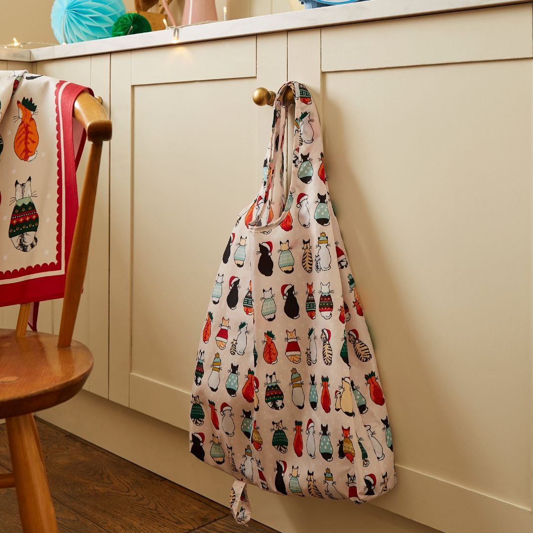 Ulster Weavers Recycled Packable Bag - Christmas Cats in Waiting (Red) - - Ulster Weavers