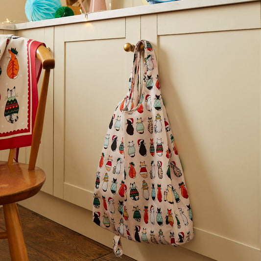 Ulster Weavers Recycled Packable Bag - Christmas Cats in Waiting (Red) - - Ulster Weavers
