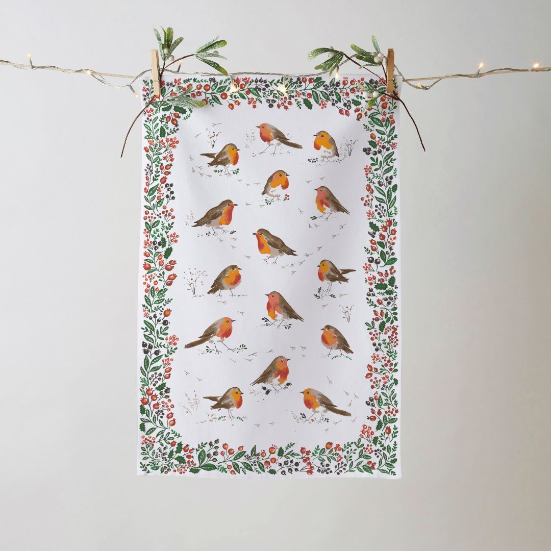 Ulster Weavers Recycled Cotton Blend Tea Towel - Robins & Berry Border (White) - - Ulster Weavers