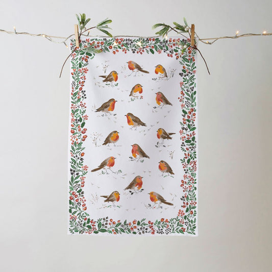 Ulster Weavers Recycled Cotton Blend Tea Towel - Robins & Berry Border (White) - - Ulster Weavers