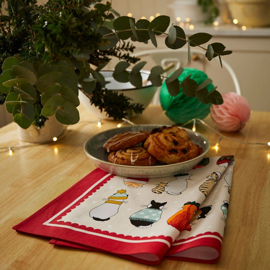 Ulster Weavers Recycled Cotton Tea Towel - Christmas Cats in Waiting (Red) - - Ulster Weavers