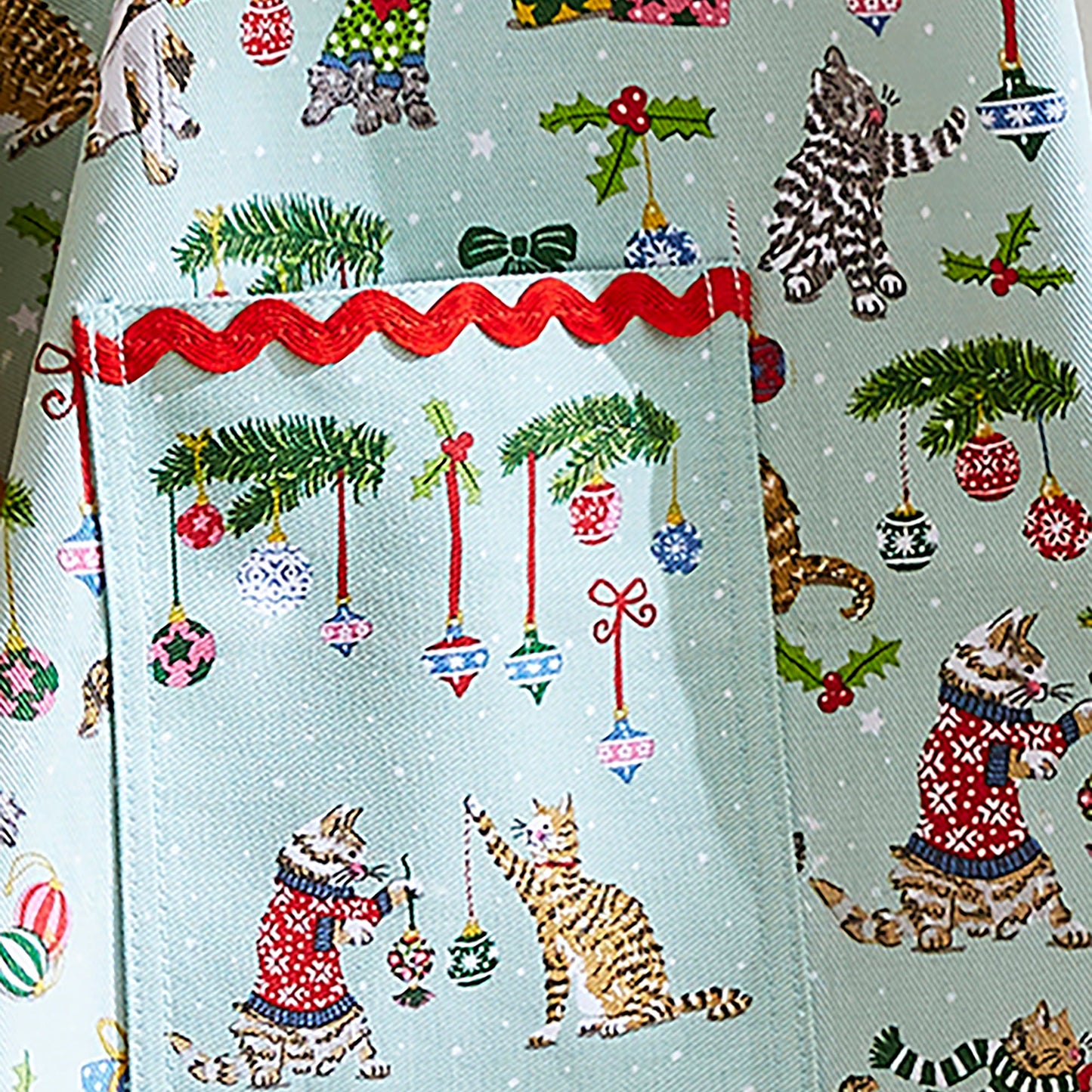 Christmas Cats Cotton Apron in Seafoam