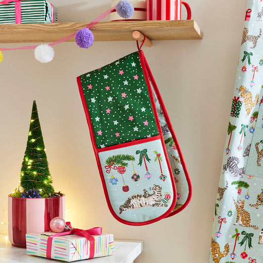 Christmas Cats Double Oven Glove in Seafoam