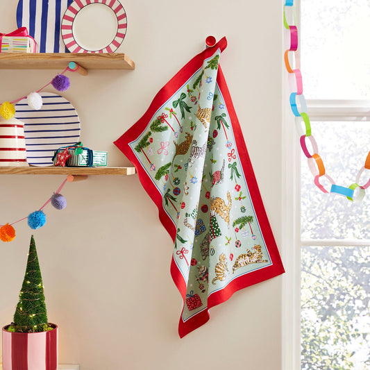 Christmas Cats Cotton Tea Towel in Seafoam