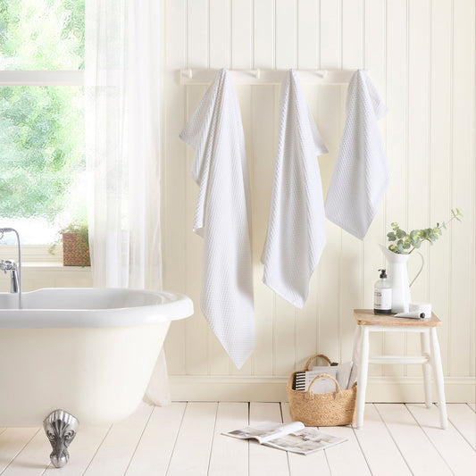 Popcorn Check Towels in White