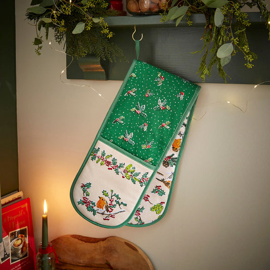 Christmas Robins Double Oven Glove in Green