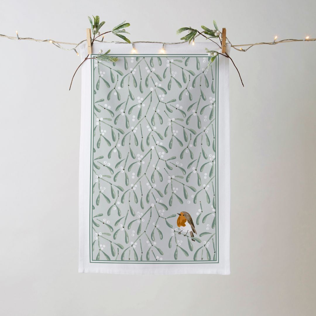 Ulster Weavers Recycled Cotton Blend Tea Towel - Mistletoe & Robin (Beige) - - Ulster Weavers