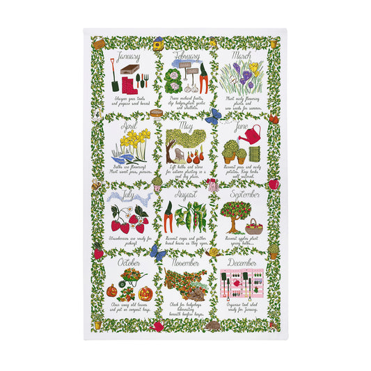 Gardeners Calendar Cotton Tea Towel in Green