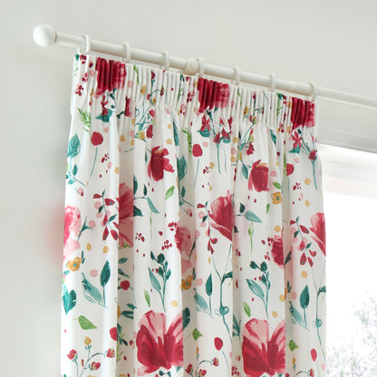 Abstract Poppy Pair of Pencil Pleat Curtains in Red