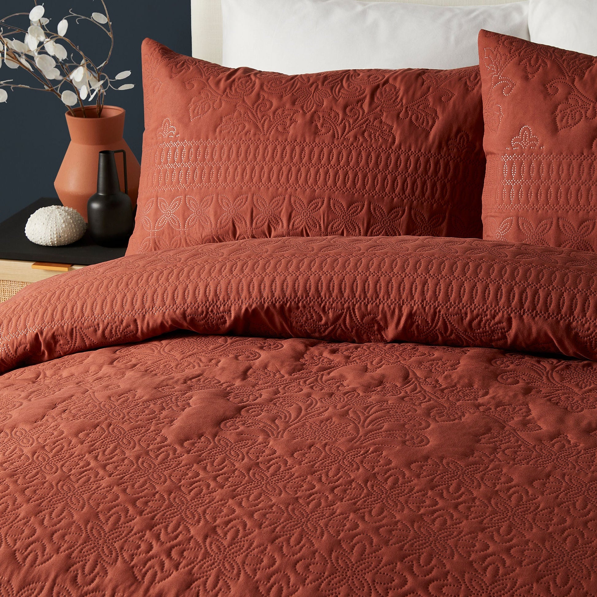 Avery Stripe Duvet Cover Set by Serene in Terracotta - Duvet Cover Set - Serene