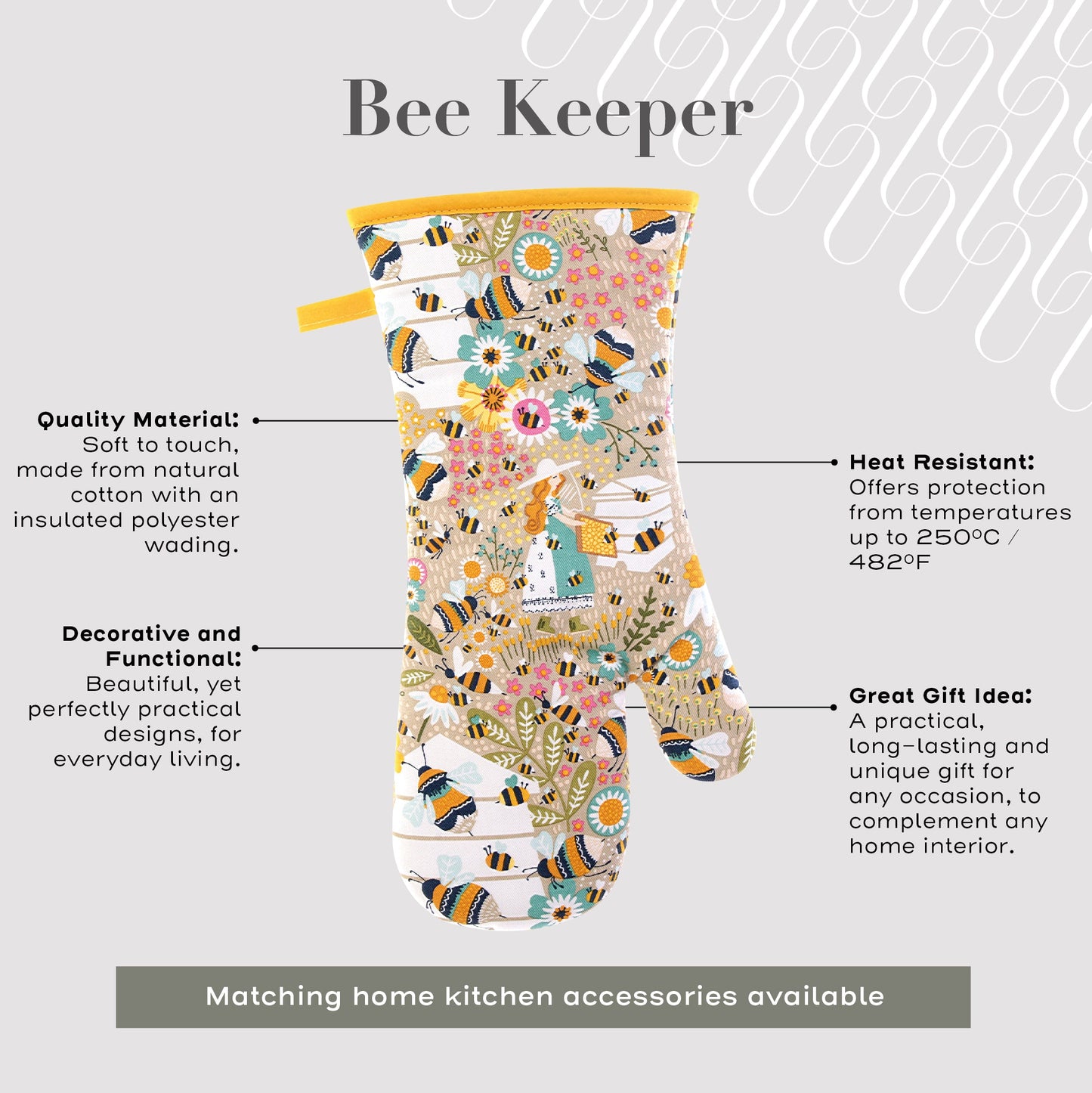 Ulster Weavers Gauntlet Single Oven Glove - Bee Keeper (100% Cotton Outer; 100% Polyester wadding; CE marked, Yellow) - Gauntlet Oven Glove - Ulster Weavers