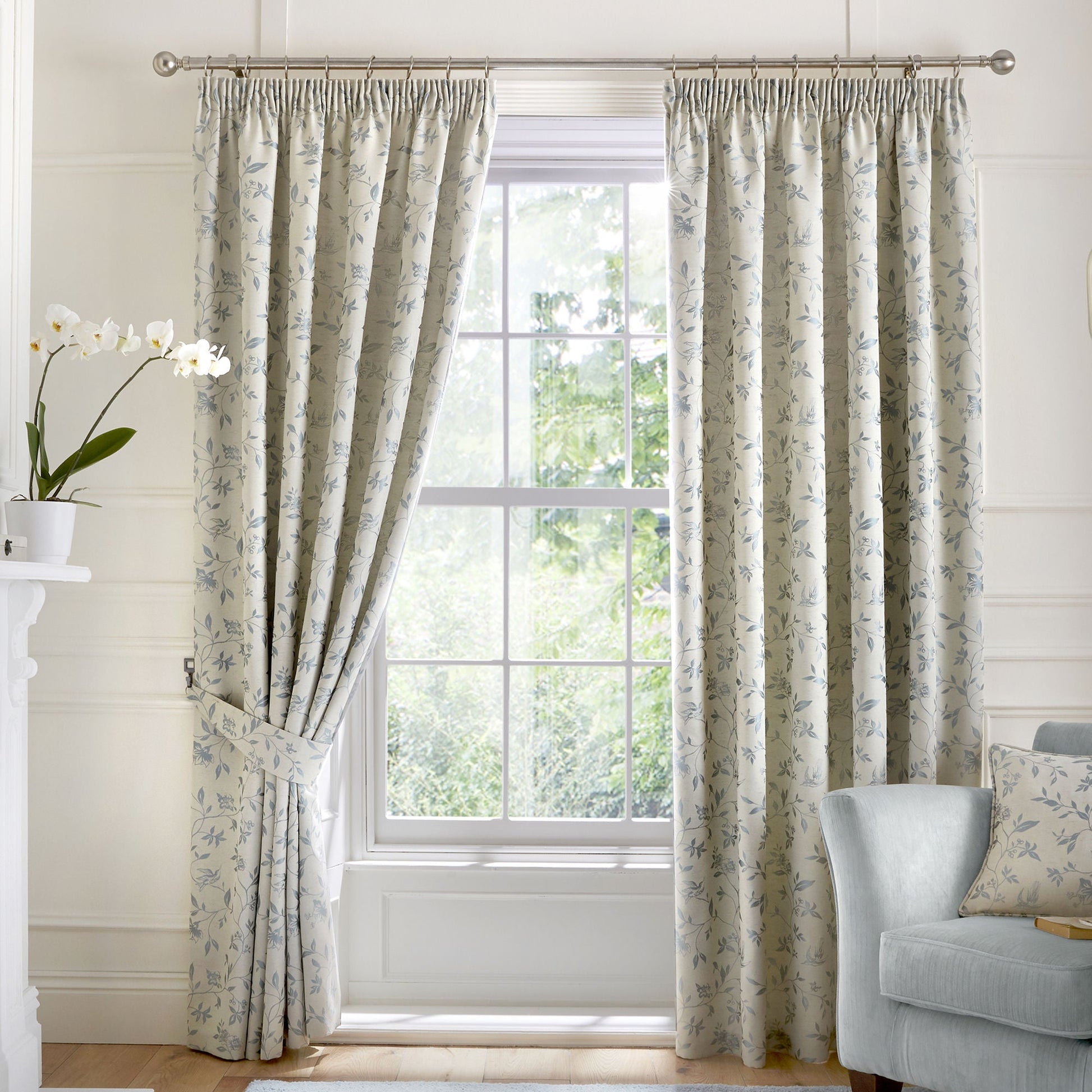 Bird Trail Pair Of Curtain Tiebacks by Curtina in Duck Egg 26" x 4" - Pair Of Curtain Tiebacks - Curtina