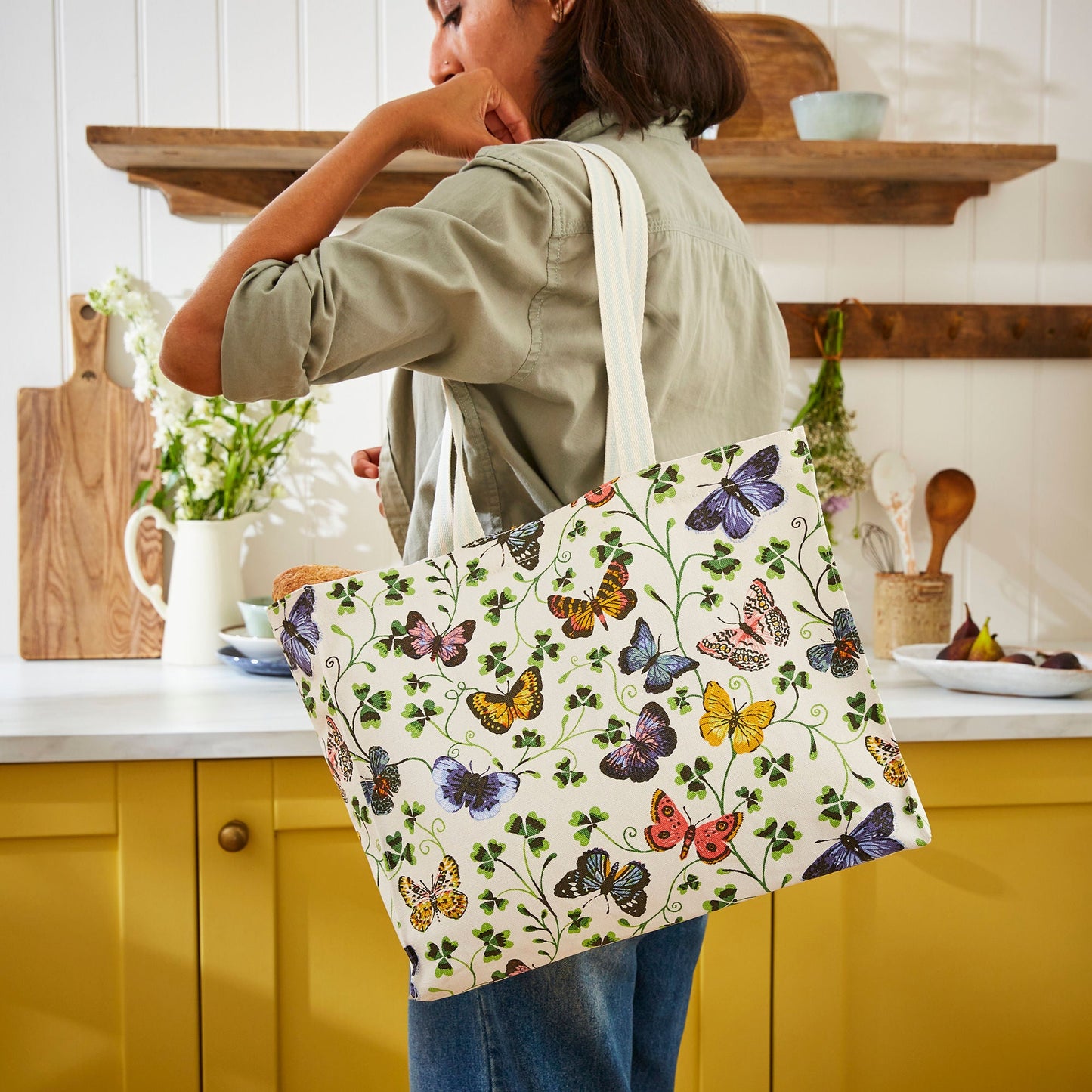 Butterfly Grove Canvas Shoulder Bag in Blue