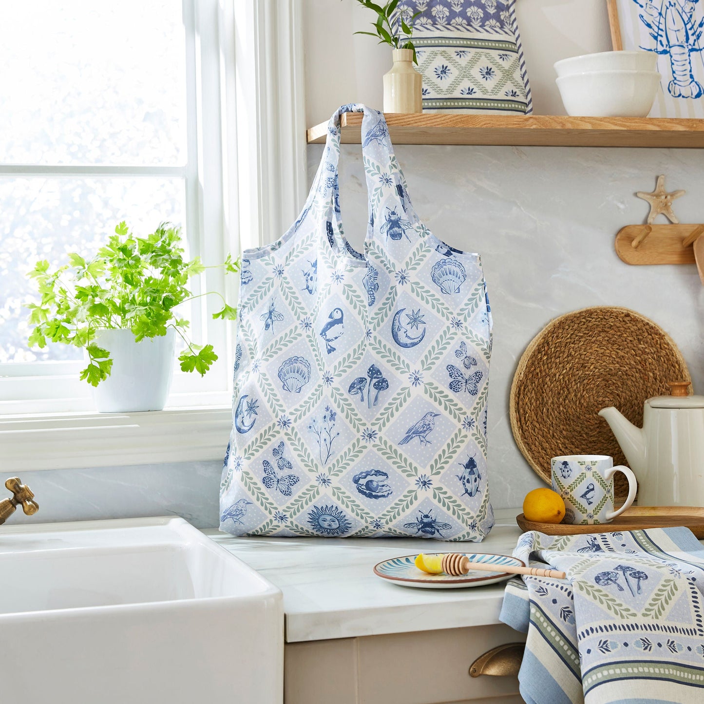 Coastal Treasures Foldable Tote Bag Medium in Blue