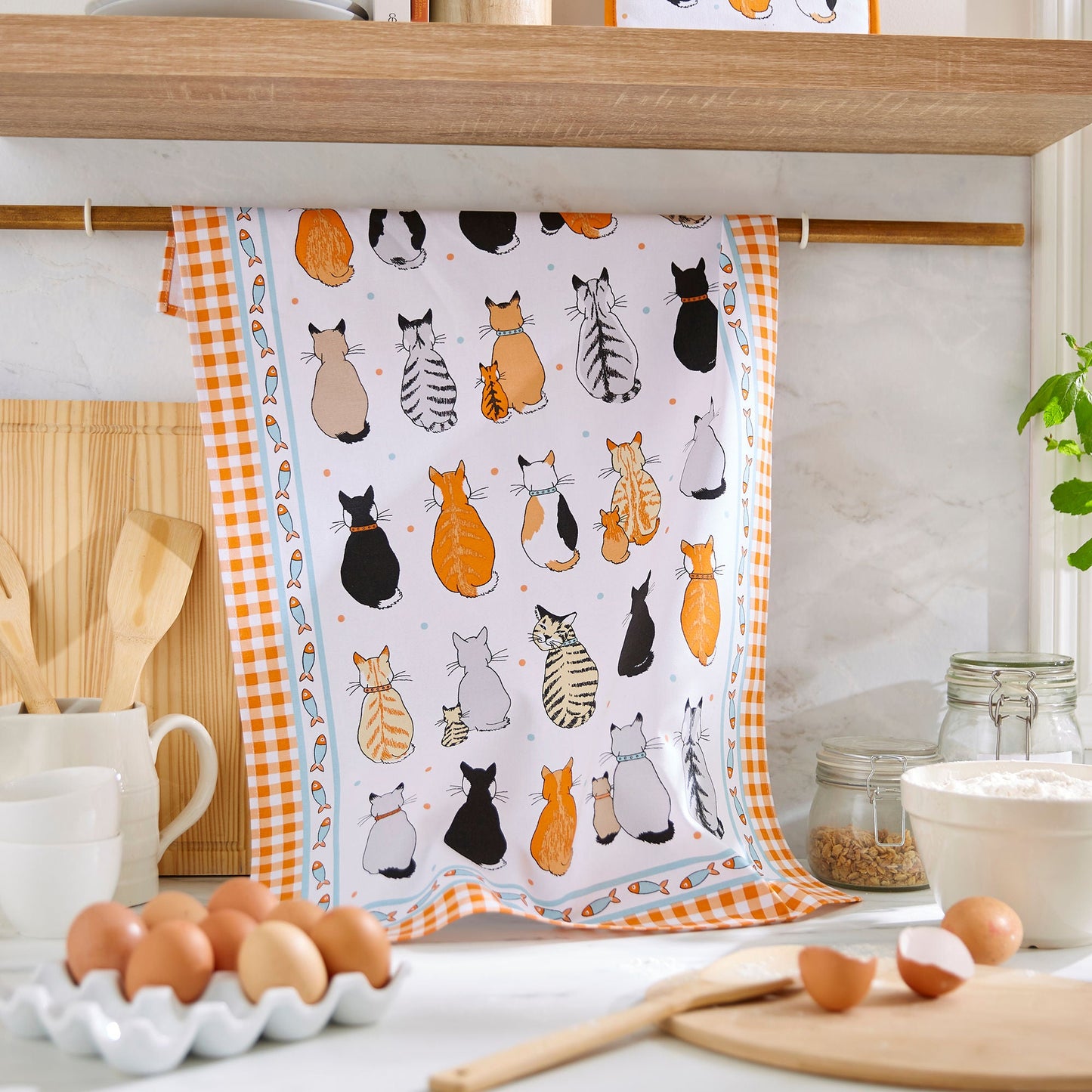 Cats In Waiting 2026 Cotton Tea Towel in Orange