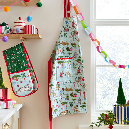 Christmas Cats Cotton Apron in Seafoam