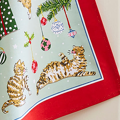 Christmas Cats Cotton Tea Towel in Seafoam