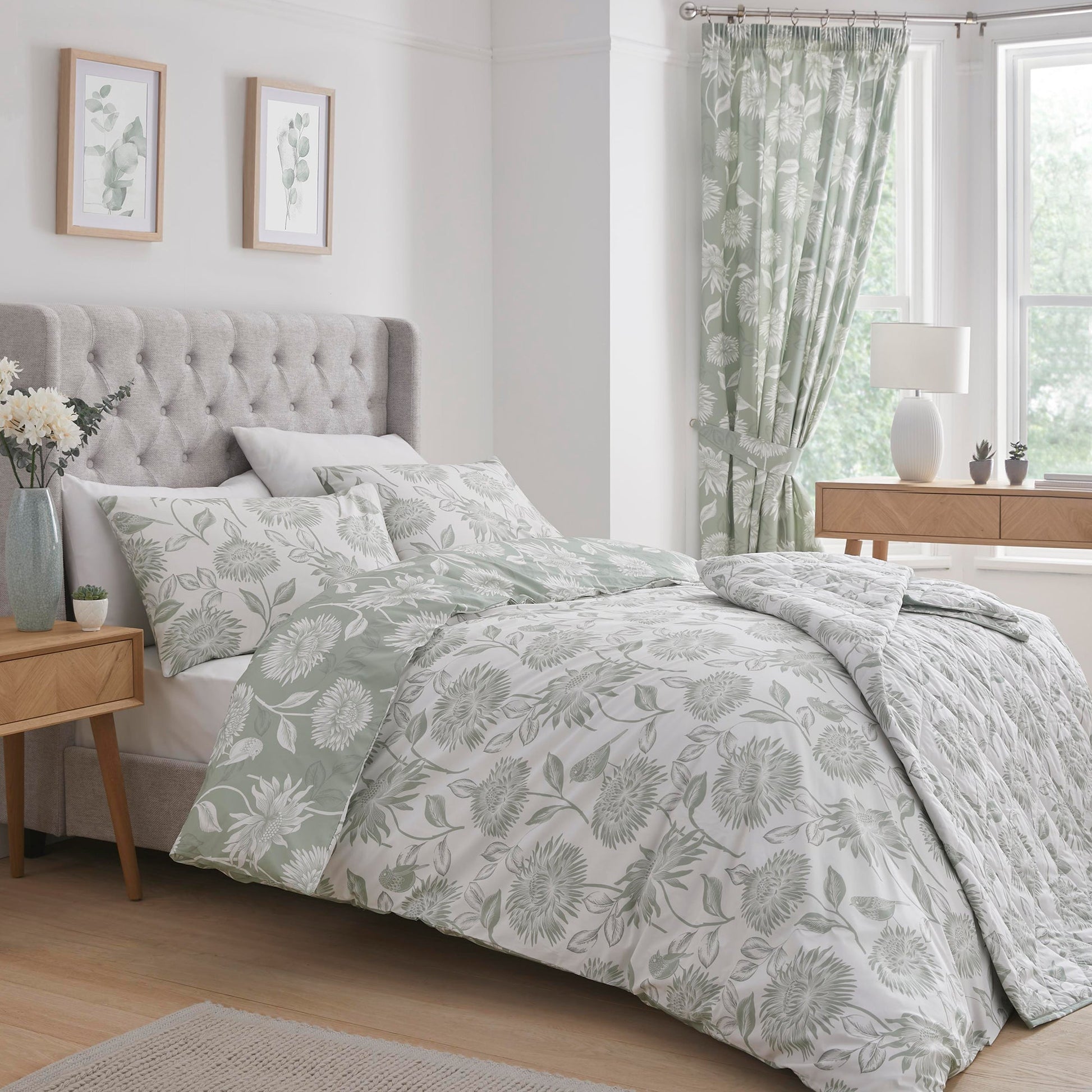 Chrysanthemum Pair of Pencil Pleat Curtains With Tie-Backs by Dreams & Drapes Design in Green - Pair of Pencil Pleat Curtains With Tie-Backs - Dreams & Drapes Design