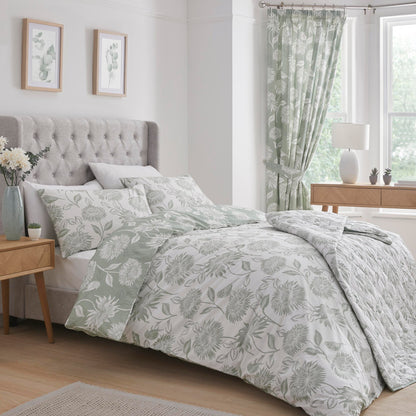 Chrysanthemum Pair of Pencil Pleat Curtains With Tie-Backs by Dreams & Drapes Design in Green - Pair of Pencil Pleat Curtains With Tie-Backs - Dreams & Drapes Design