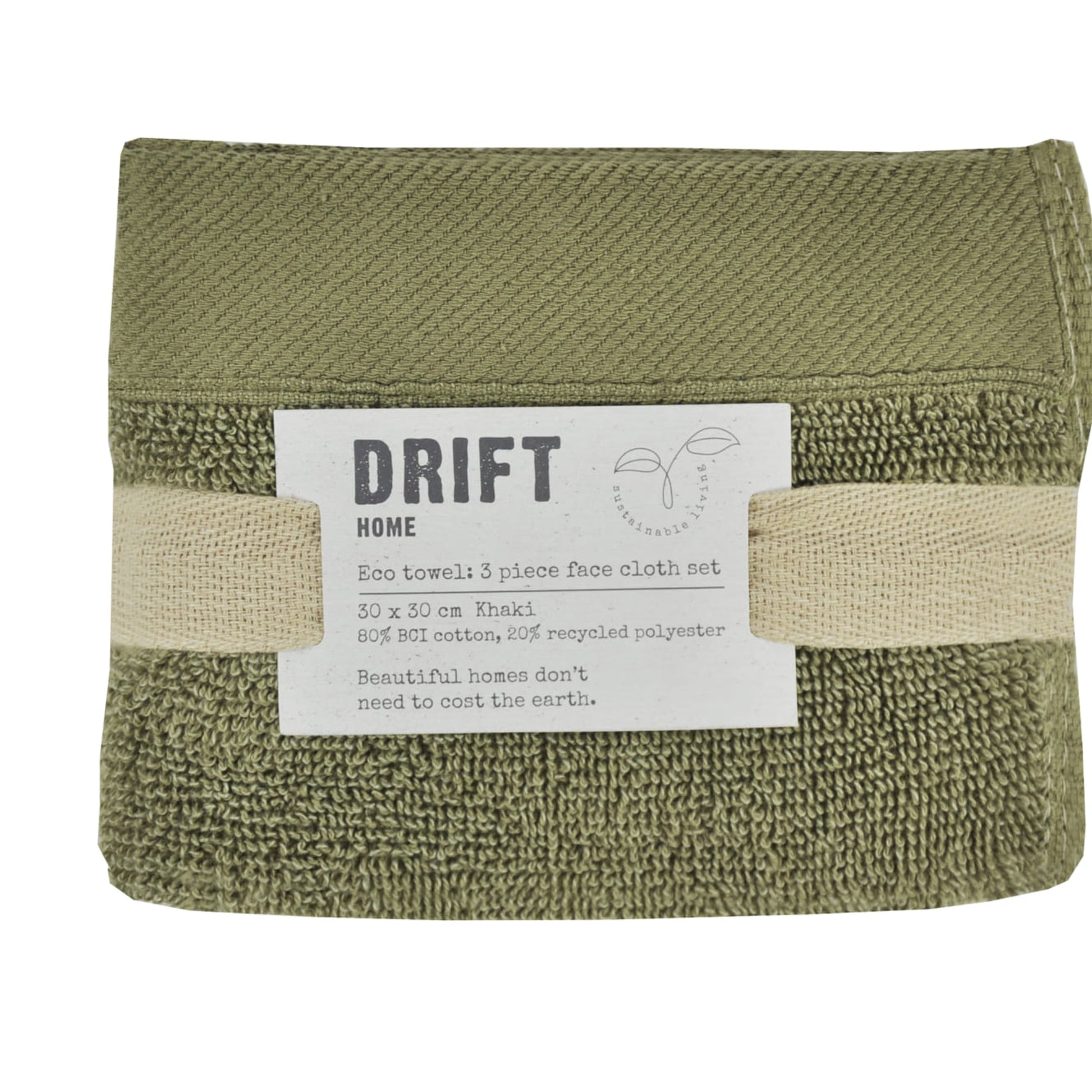 Abode Eco Face Cloth (3 pack) by Drift Home in Khaki 30 x 30cm - Face Cloth (3 pack) - Drift Home
