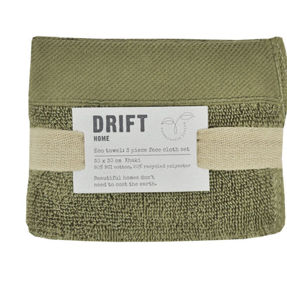 Abode Eco Face Cloth (3 pack) by Drift Home in Khaki 30 x 30cm - Face Cloth (3 pack) - Drift Home