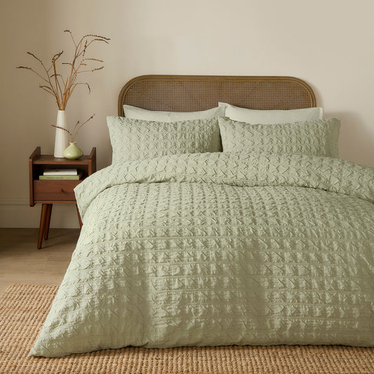 Embossed Grid Duvet Cover Set in Green - Duvet Cover Set - Serene