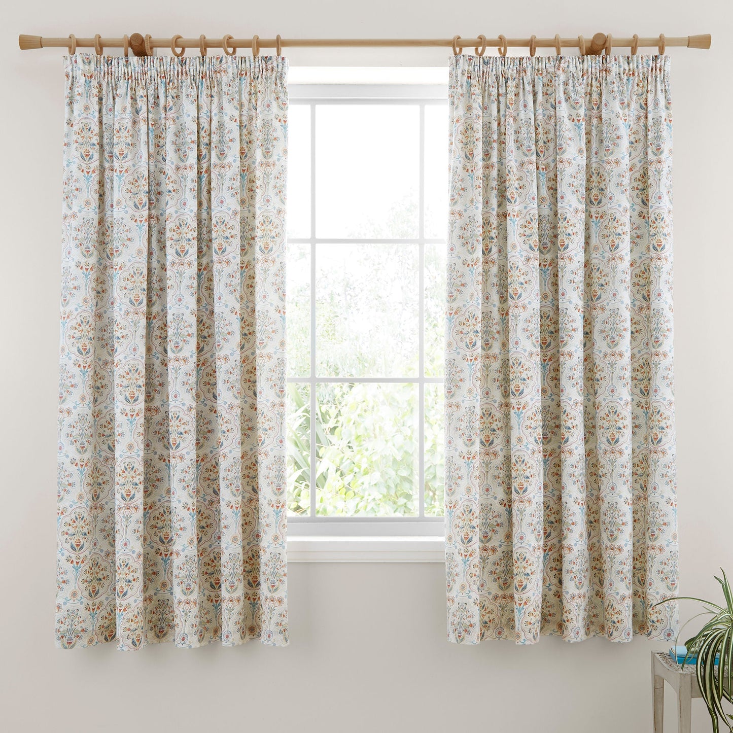 Edena Decorative Floral Pair of Pencil Pleat Curtains in Natural