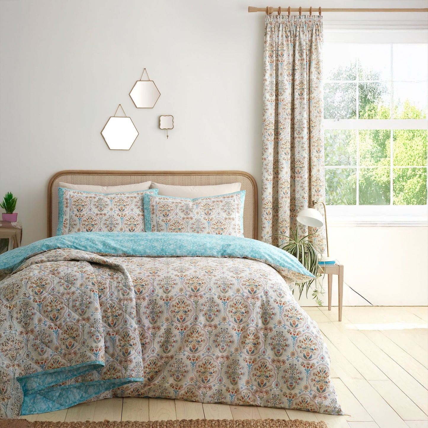 Edena Decorative Floral Pair of Pencil Pleat Curtains in Natural
