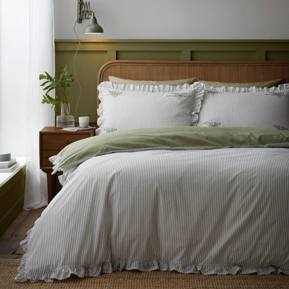 Frilled Embroidered Bow Stripe Duvet Cover Set in Green - Duvet Cover Set - Appletree