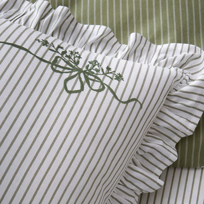 Frilled Embroidered Bow Stripe Duvet Cover Set in Green - Duvet Cover Set - Appletree