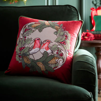 Festive Robin Cushion in Red 43 x 43cm - Cushion - Laurence Llewelyn-Bowen
