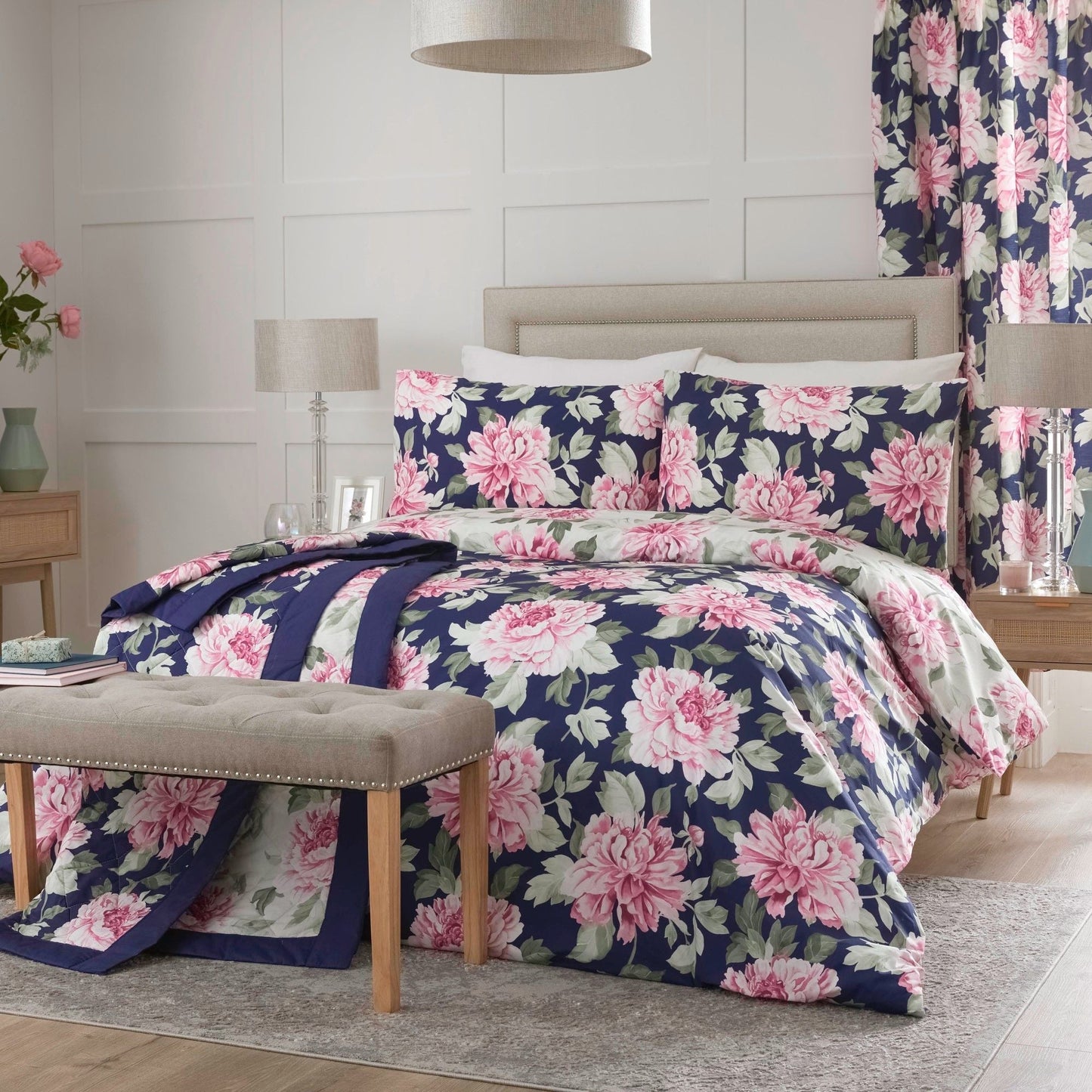 Kirsten Pair of Pencil Pleat Curtains With Tie-Backs by Dreams & Drapes Design in Pink/Blue - Pair of Pencil Pleat Curtains With Tie-Backs - Dreams & Drapes Design