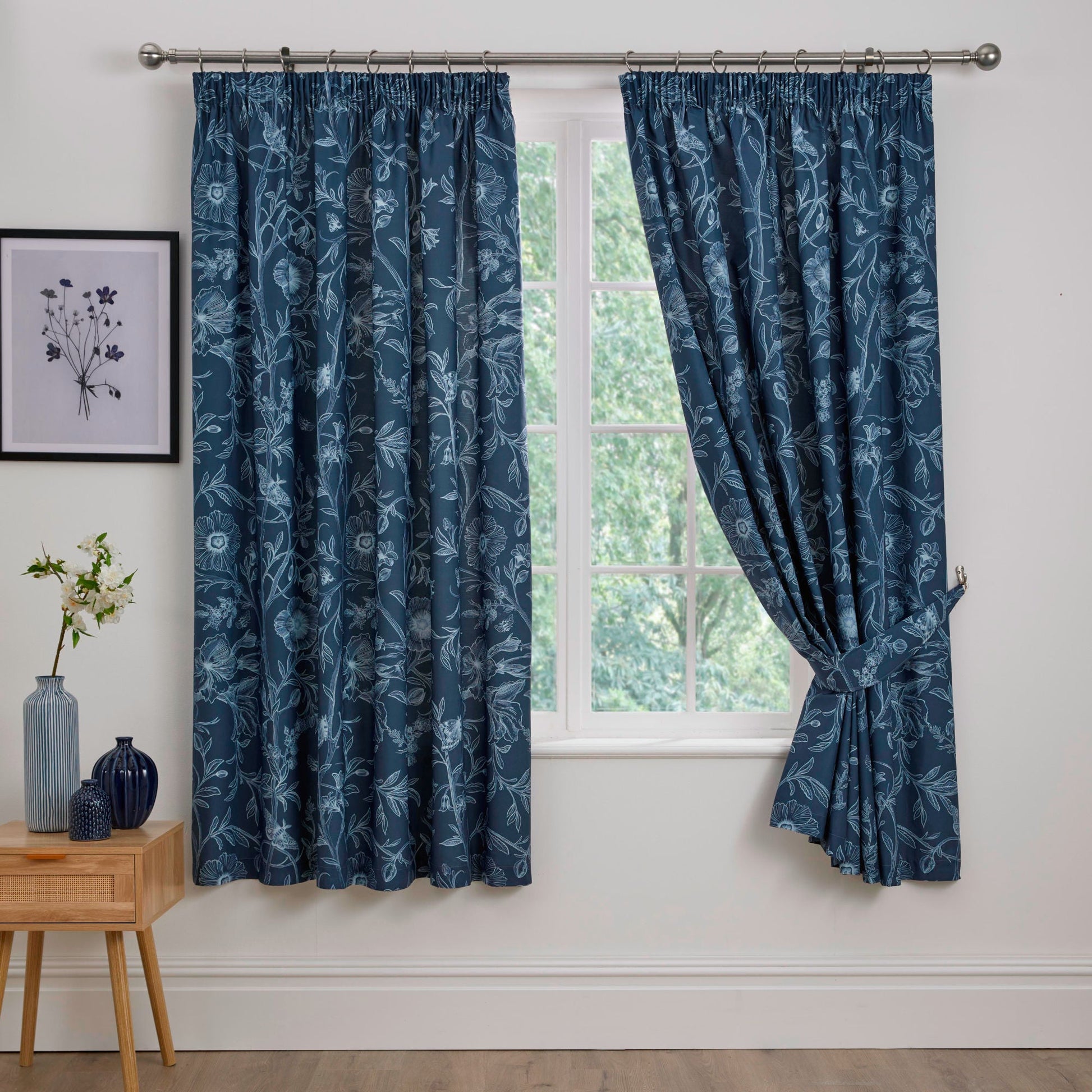 Lorie Pair of Pencil Pleat Curtains With Tie-Backs by Dreams & Drapes Design in Blue - Pair of Pencil Pleat Curtains With Tie-Backs - Dreams & Drapes Design