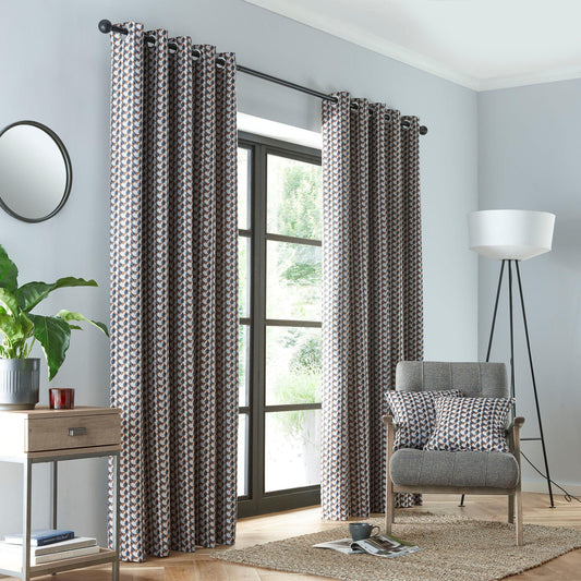 Prado Pair of Eyelet Curtains by Fusion in Grey/Terracotta - Pair of Eyelet Curtains - Fusion