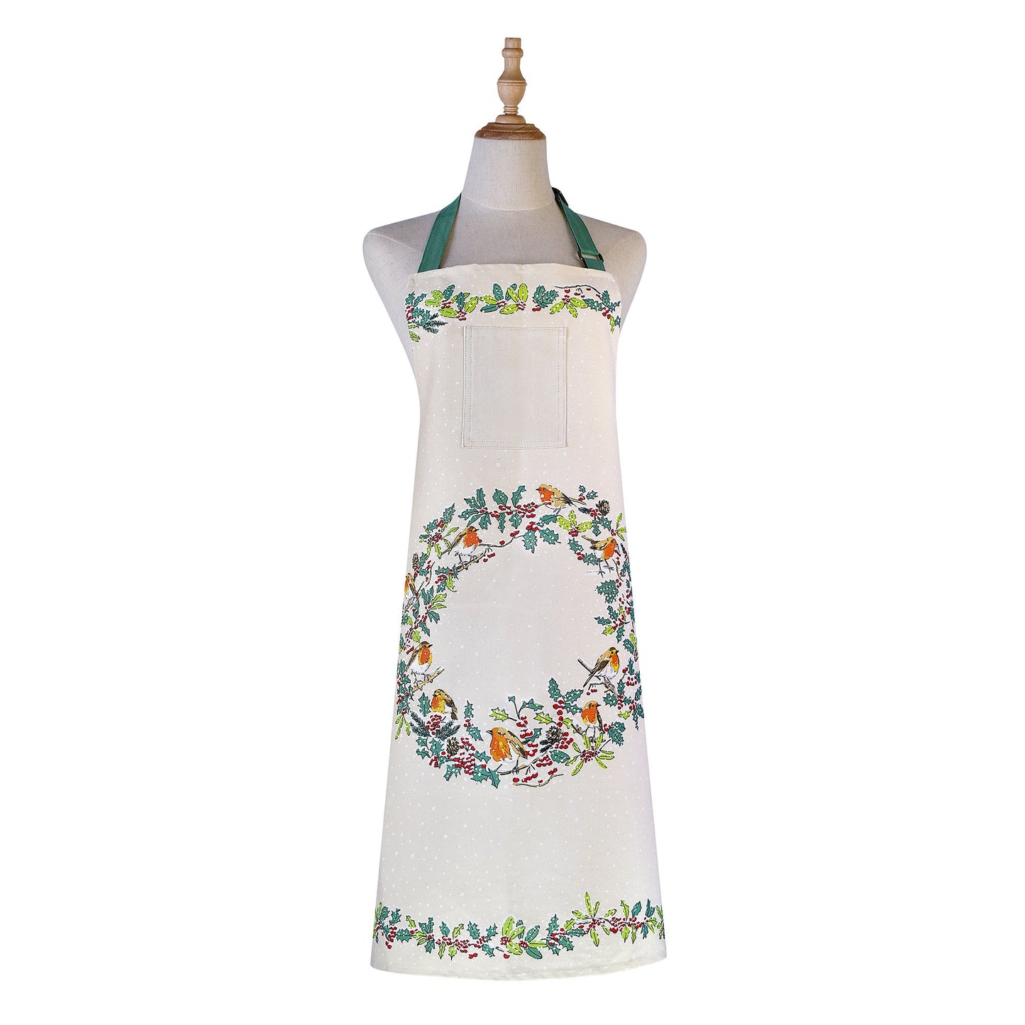 Christmas Robins Cotton Apron in Green