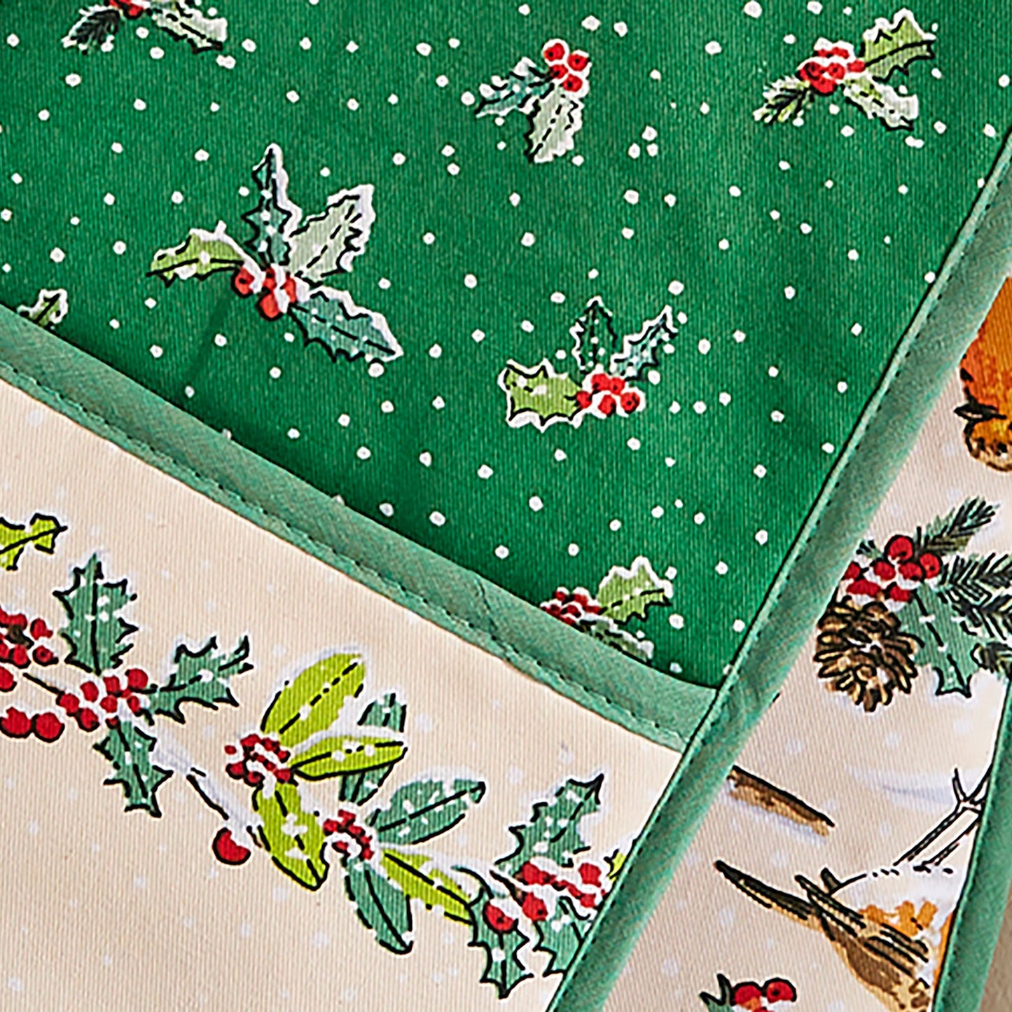 Christmas Robins Double Oven Glove in Green