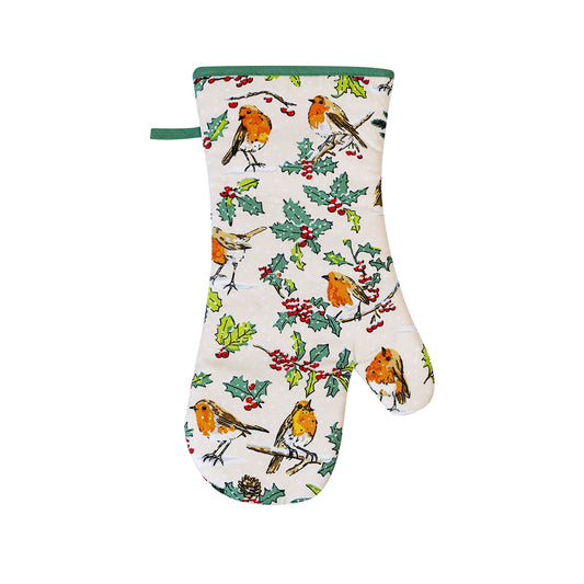 Christmas Robins Gauntlet Oven Glove in Green