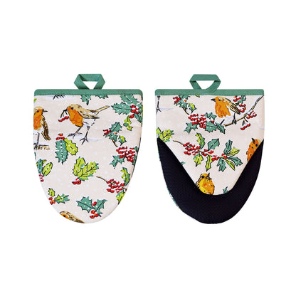 Christmas Robins Microwave Mitts Pair in Green