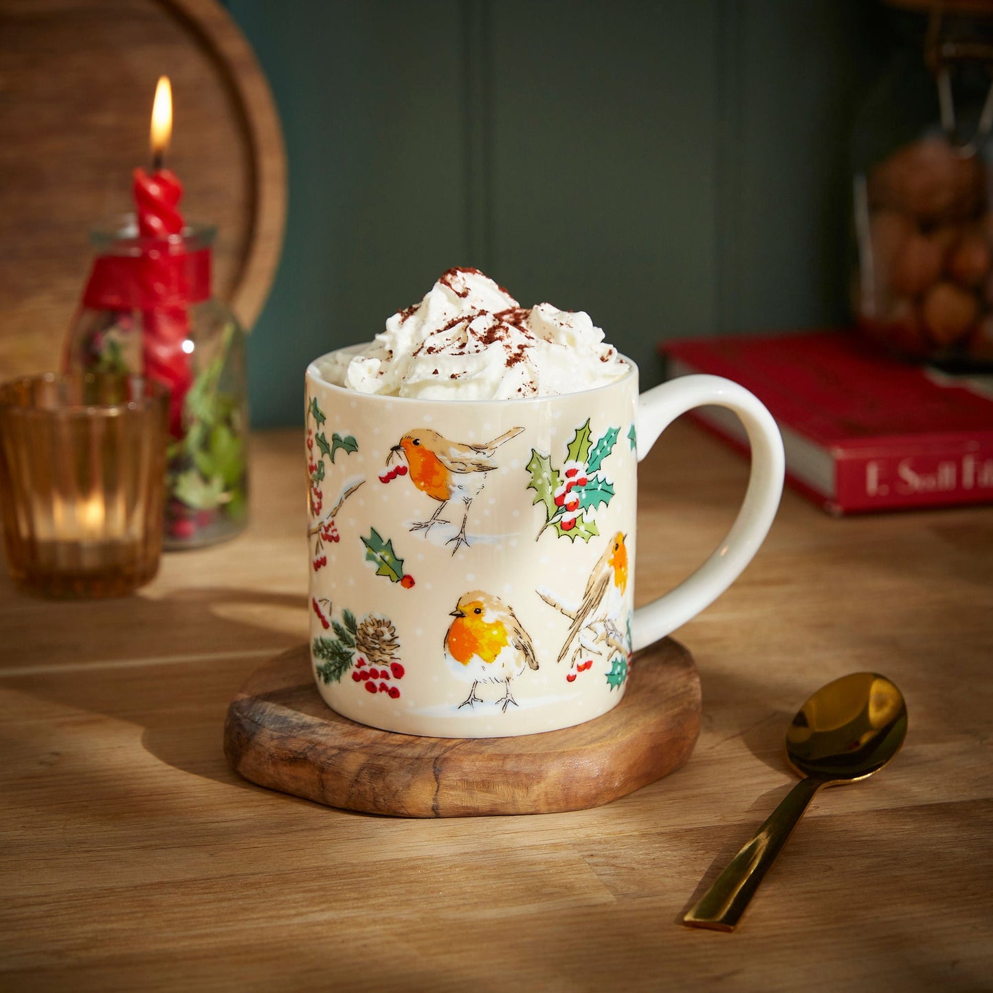 Christmas Robins Bone China Mug in Green