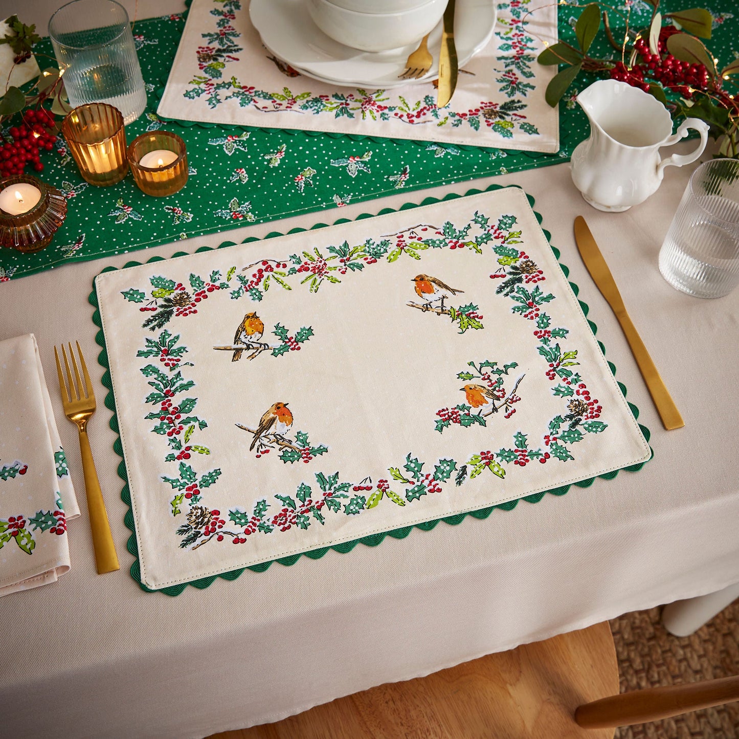 Christmas Robins Cotton Placemats 2 Pack in Green