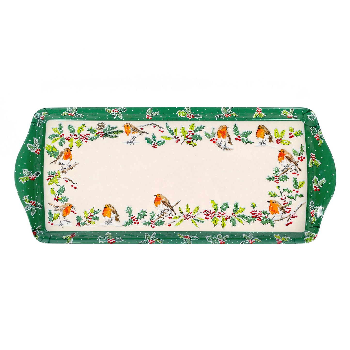 Christmas Robins Small Serving Tray in Green