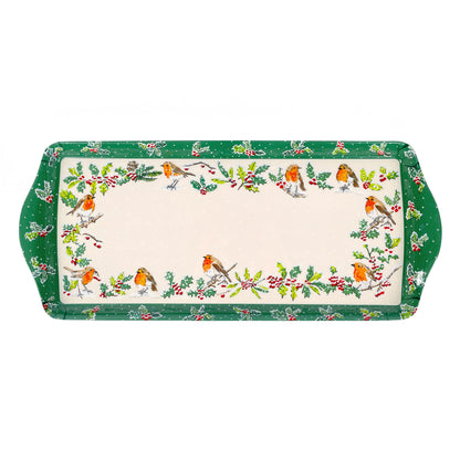 Christmas Robins Small Serving Tray in Green