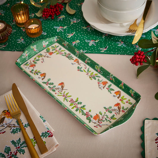Christmas Robins Small Serving Tray in Green