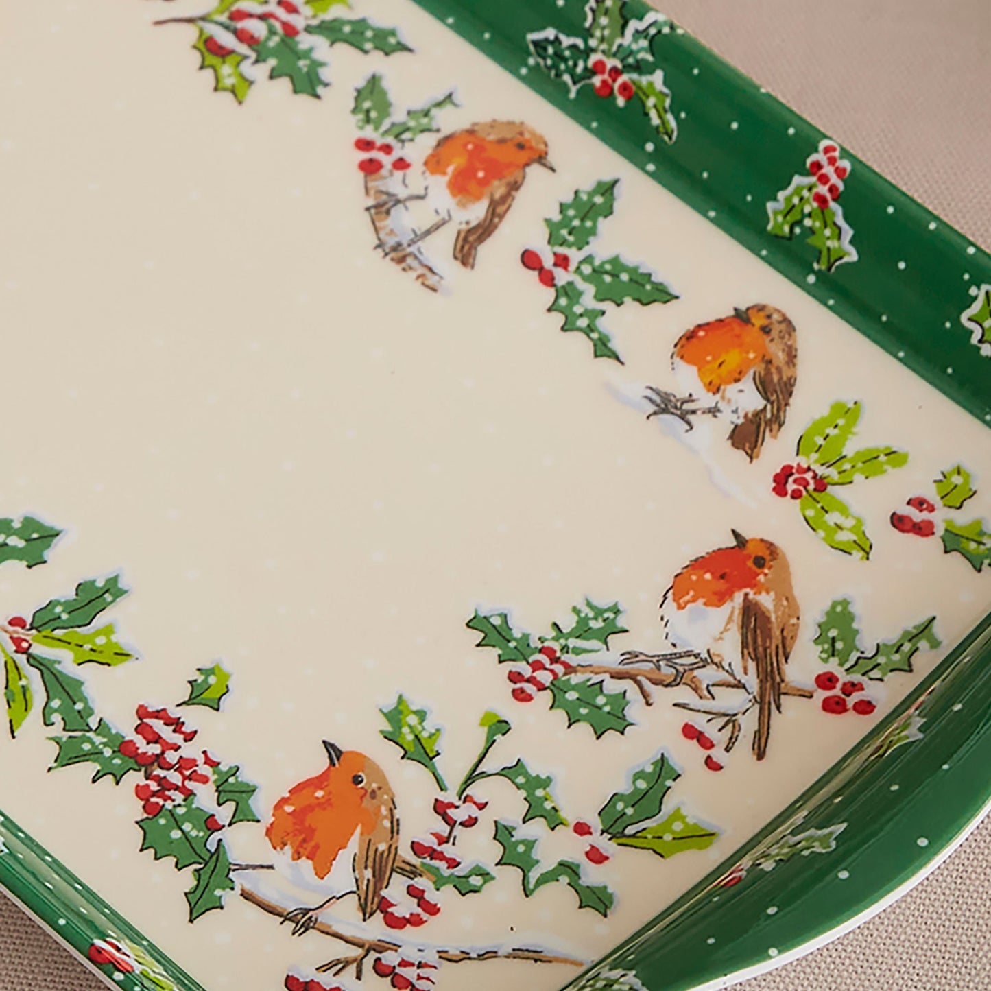 Christmas Robins Small Serving Tray in Green