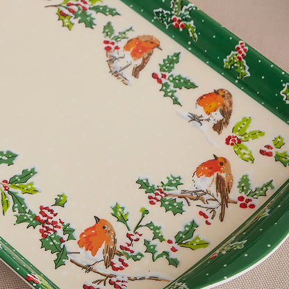 Christmas Robins Small Serving Tray in Green