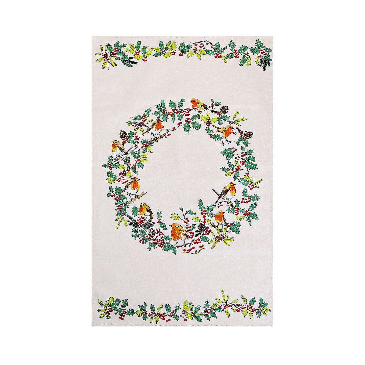 Christmas Robins Cotton Tea Towel in Green