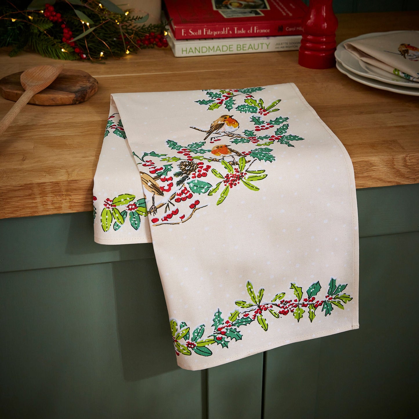 Christmas Robins Cotton Tea Towel in Green
