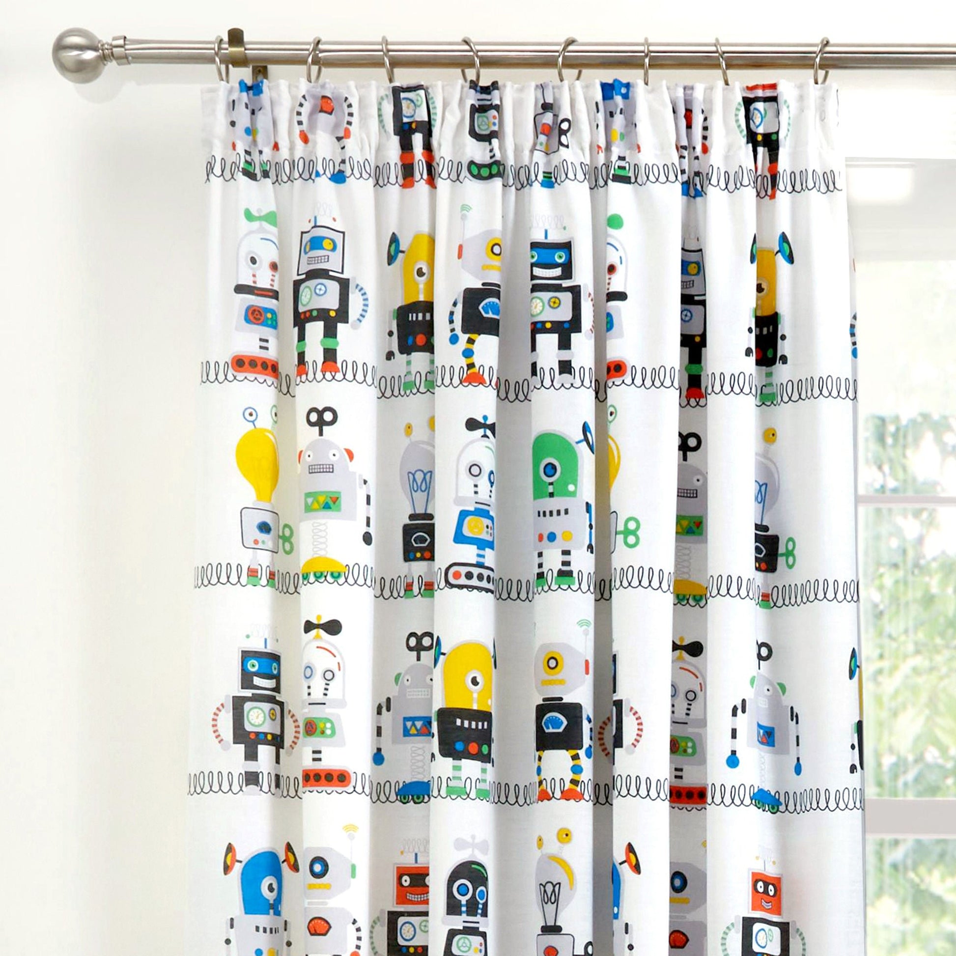 Robots Pair of Pencil Pleat Curtains by Bedlam in Blue - Pair of Pencil Pleat Curtains - Bedlam