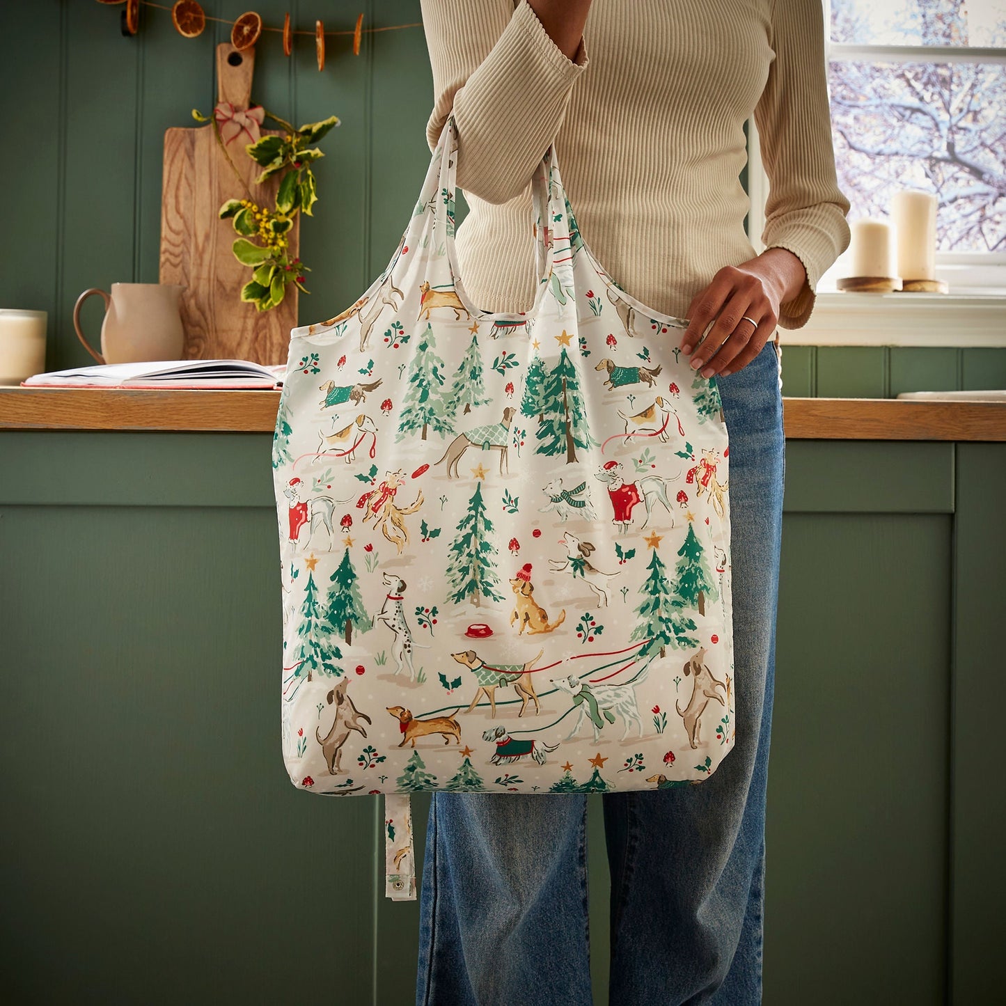 Winter Walkies Foldable Tote Bag Medium in Beige