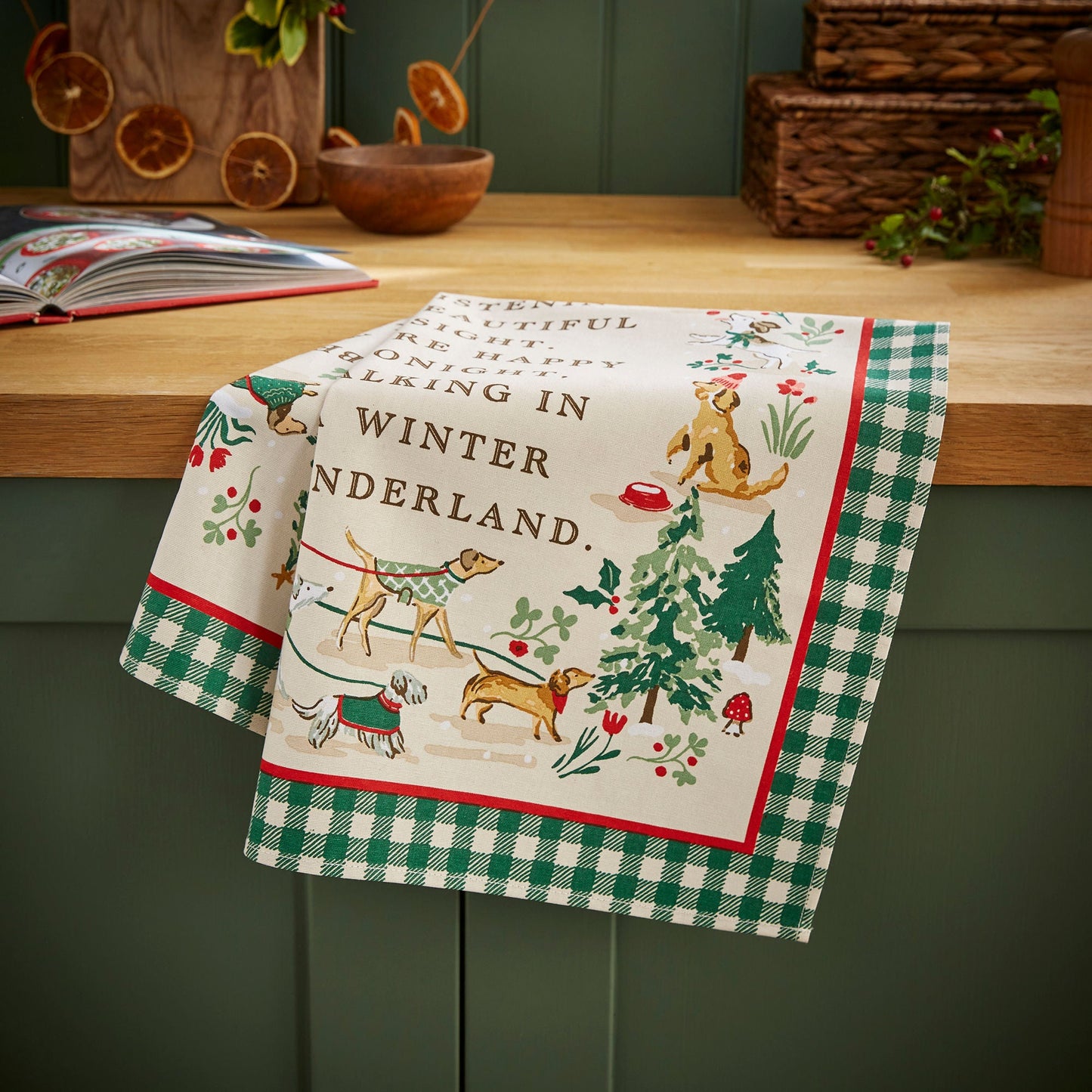 Winter Walkies Cotton Tea Towel in Beige